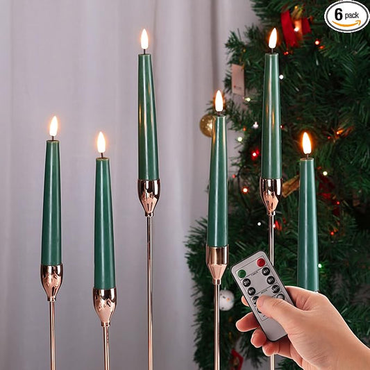Eywamage Short Green Flameless Taper Candles with Remote, Flickering Christmas Battery LED Wax Candlesticks Set of 6