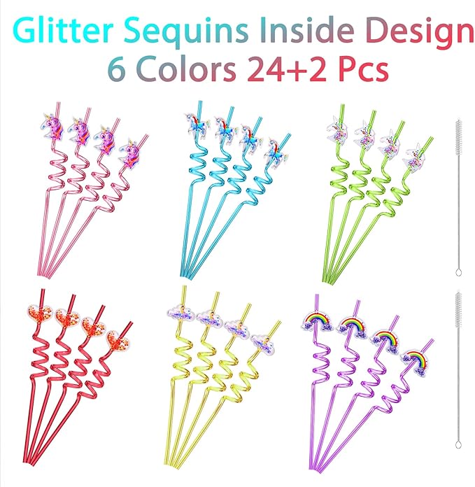 24 Glitter Unicorn Birthday Party Supplies Drinking Straws Unicorn Love Heart Rainbow Cloud Shape Design for Unicorn Party Favors