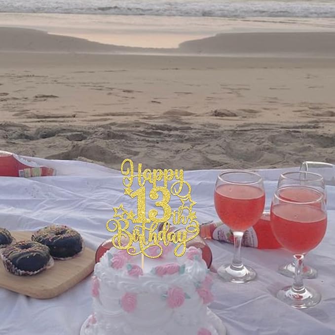 1 PCS Happy 13th Birthday Cake Topper Glitter Cheers to 13 Years Birthday Cake Pick Hello 13 Fabulous Cake Decoration for Happy 13th Birthday Anniversary Party Decorations Supplies Gold