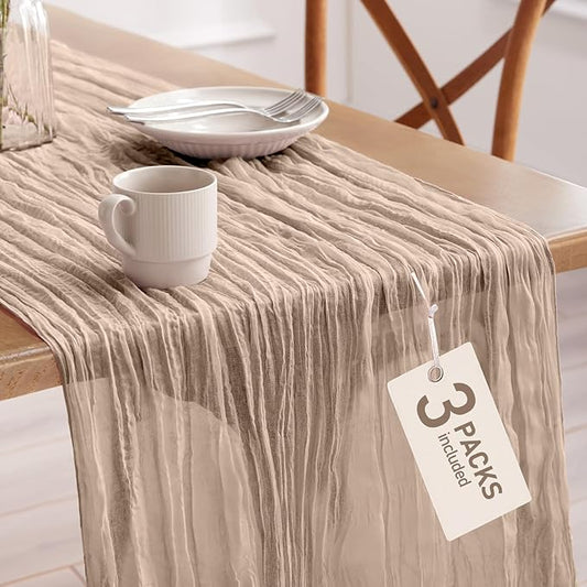 Pureegg 3-Pack Cheese Cloths Table Runner, 120'' Boho Table Cloth Decorations for Party, Baby Shower, Wedding and Farmhouse, Fabric Room Decor, Nude