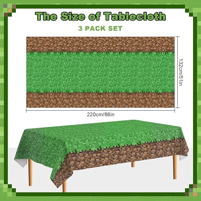 Bigear 3PCS Pixel Tablecovers with 54PCS Temporary Tattoos,Waterproof Oil-Proof Plastic Table Cloth,Video Game Party Birthday Party Decorations,Gamer Birthday Tablecloth Party Supplies