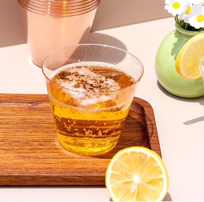 50 Pack Plastic Cups, 9 oz Glitter Disposable Gold Cups, Clear Plastic Tumblers and Clear Party Cup for Weddings, Birthday,Thanksgiving, Christmas,etc.