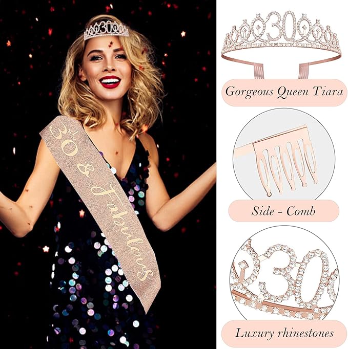 30th Birthday Decorations for Her, 30th Birthday Sash and Crown, Cake Topper and Candles, Pop Up Card, Number Balloons, 30 Year Old Gifts for Women, 10pcs