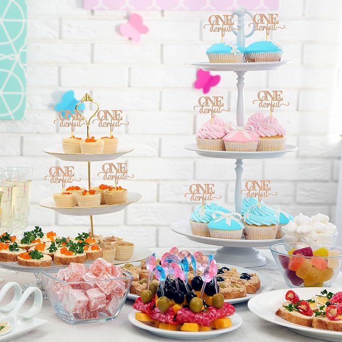 36 Pack Onederful Birthday Cupcake Topper for Girls, Glitter Rose Gold 1st Birthday Cake Topper Girl Cute Onederful Birthdays Decorations for First Birthdays Baby Shower Theme Party