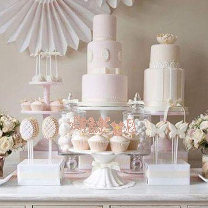 24 Pack It's a Girl Cupcake Toppers Glitter Pacifier Onesie Jumpsuit Bow Gender Reveal Cupcake Picks Welcome Baby Shower Cake Decorations for Baby Girl Birthday Theme Party Supplies Rose Gold