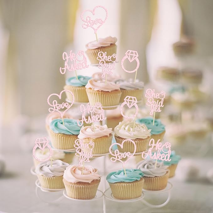 Gyufise 24 Pack He Asked She Said Yes Cupcake Toppers Light Pink Glitter Heart Ring Cupcake Picks Wedding Engagement Bridal Shower Party Cake Decorations Supplies