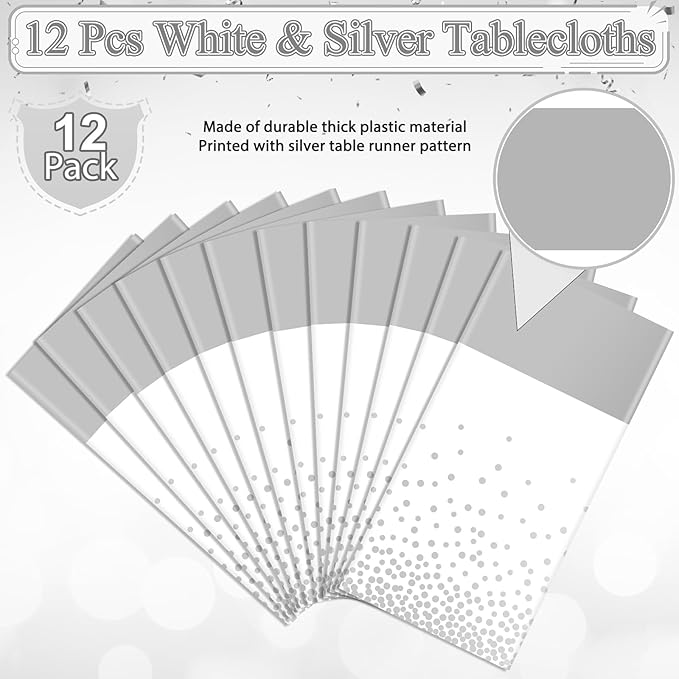 MASHAN 12Pcs White Silver Tablecloth Party Decorations,Plastic White Table Cloth Printed Silver Runner Disposable Rectangle Table Cover for Birthday Wedding Anniversary Graduation Party,54 x108 Inch