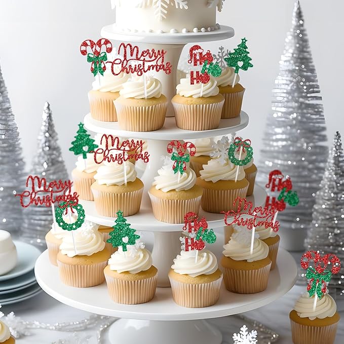 Merry Christmas Cupcake Toppers, Merry Christmas, Ho Ho Ho, Xmas Food Picks, Xmas Holiday Birthday Baby Shower Party Decorations 15 PCS