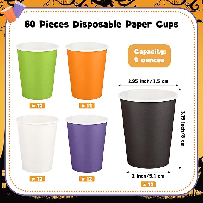 URATOT 60 Pieces Halloween Party Cups 9 Ounce Disposable Paper Cups Black and Orange Drinking Cup Cold Hot Drink Table Decor Supplies for Halloween Party, DIY, and Holiday, 5 Colors