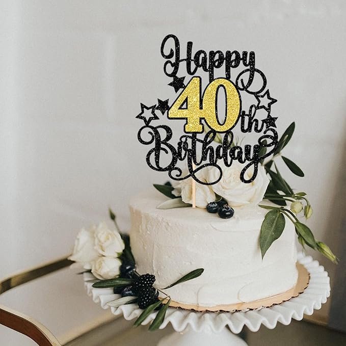 1 PCS Happy 40th Birthday Cake Topper Black Gold Glitter Cheers to 40 Years Birthday Cake Pick Hello 40 Fabulous Cake Decoration for Happy 40th Birthday Anniversary Party Decorations Supplies