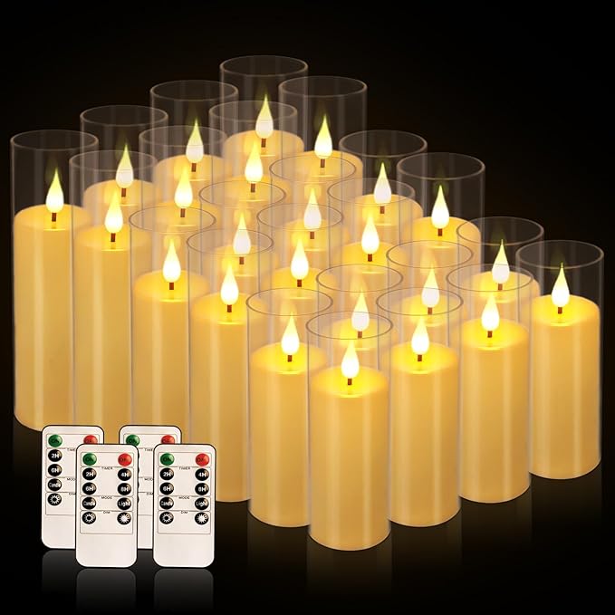 24 Packs of Acrylic LED Candles, Flickering Flameless Candles Battery Operated with Remote Dimmed and Timed, 3D Wick Candles for Home Decor,Wedding,Gift，Parties and Festivals. (3 Size)