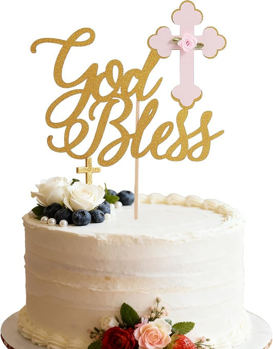 Gold God Bless Cake Topper - Glitter Baptism and Christening Communion Cake Topper, Baby Shower Party Cake Decorations (Gold God Bless Cake Topper)