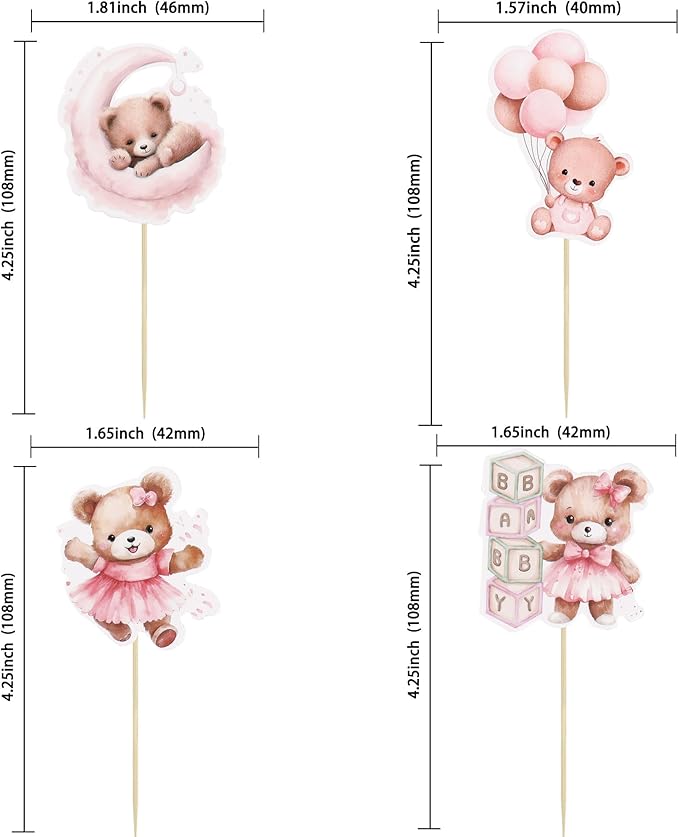 Gyufise 32Pcs Baby Shower Bear Cupcake Toppers Moon Baby Bear Baby Shower Cake Topper Decorations Jungle Animal Theme Birthday Party Cake Supplies Pink