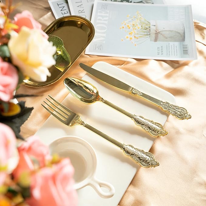 N9R 300pcs Gold Plastic Silverware Dinnerware Flatware- Heavyweight Plastic Cutlery Set, 100 Forks, 100 Spoons, 100 Knives, Gold Utensils for Party, Thanksgiving, Christmas