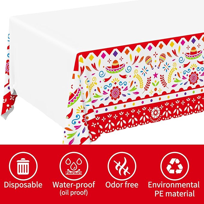 Gatherfun Fiesta Party Supplies & Cinco de Mayo Decorations - Ultimate 2-Pack Mexican Party Supplies with Vibrant Disposable Plastic Tablecloth, 54x108, Mexican Birthday, Taco Events