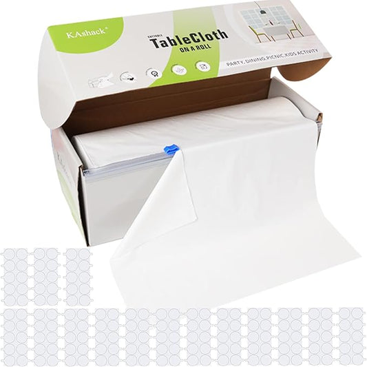 54 in X 300 Ft Plastic Table Cloth Roll Disposable White Tablecloth with Slide Cutter Box for Rectangle Round Tables,Picnic,Camping,Banquet,Party,Birthdays, Baby Shower [with Fixed Stickers]