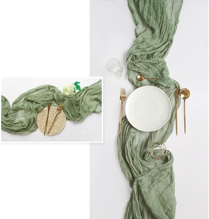 FEXIA 4 Pack Baby Shower Decoration Table Runner 35x120 Inches Sage Green Gauze Rustic Table Runner for Wedding Party First Communion Centerpiece Engagement Bridal Shower Boho Decoration