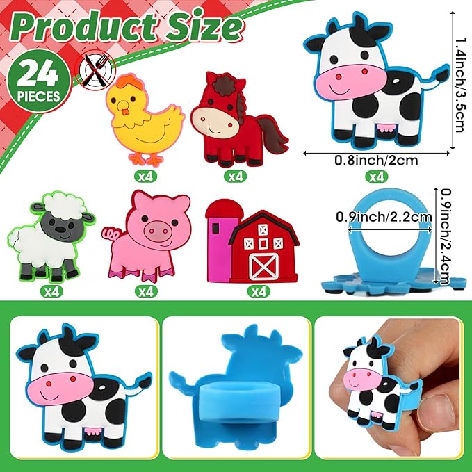 24 PCS Farm Animal Cupcake Toppers Rubber Cupcake Ring Horse Cow Farmhouse Chicken Pig Sheep Cake Toppers for Birthday Baby Shower Barnyard Tractor Theme Party Supplies Decorations