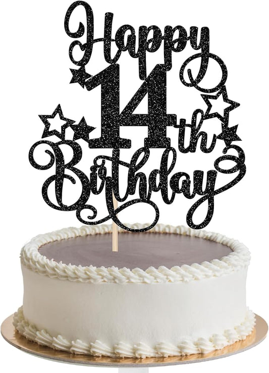 1 PCS Happy 14st Birthday Cake Topper Glitter Cheers to 14 Years Birthday Cake Pick Hello 14 Fabulous Cake Decoration for Happy 14st Birthday Anniversary Party Decorations Supplies Black