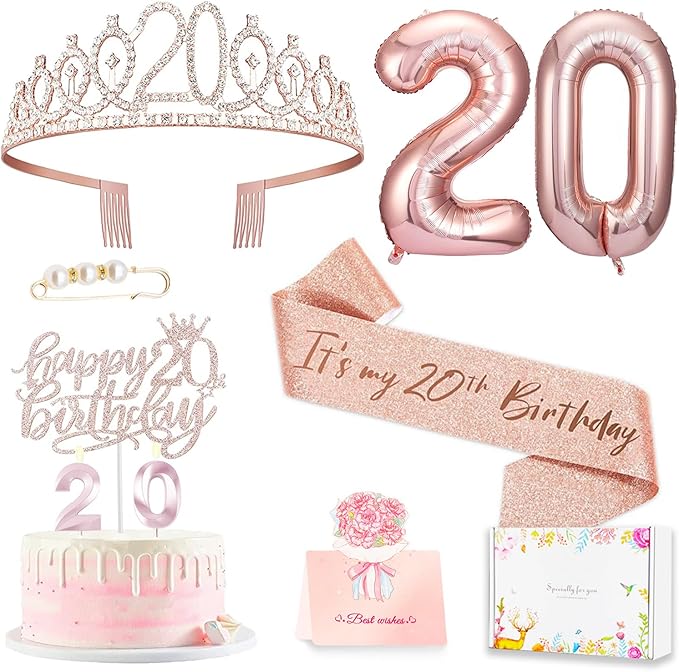 20th Birthday Decorations for Women, Birthday Sash and Crown, Cake Topper and Candles,Number Balloons, 20th Birthday Gifts for Women, 10pcs