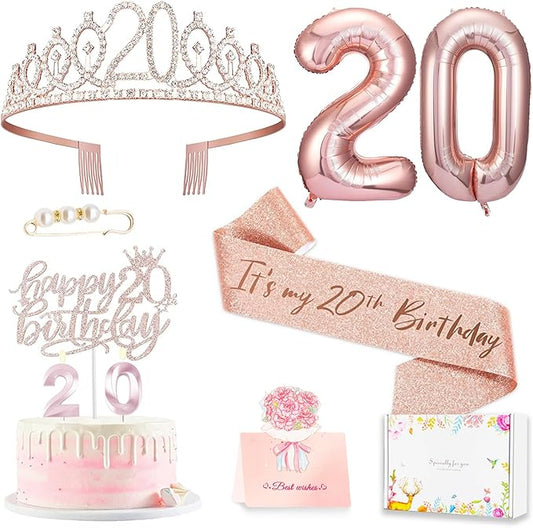 20th Birthday Decorations for Women, Birthday Sash and Crown, Cake Topper and Candles,Number Balloons, 20th Birthday Gifts for Women, 10pcs