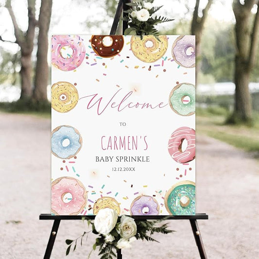 Personalized Baby Shower Sign - Editable Donut Welcome Sign, Girl Donuts & Diapers Poster, Sweets Sprinkle Baby Shower