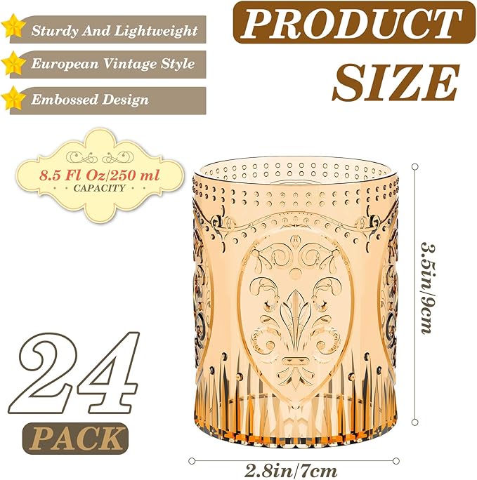 24 Plastic Vintage Drinking Glasses 8.5oz Stemless Retro Embossed Wine Glasses Shatterproof Reusable Cups for Baby Shower Wedding Reception Grand Event Party (Yellow)