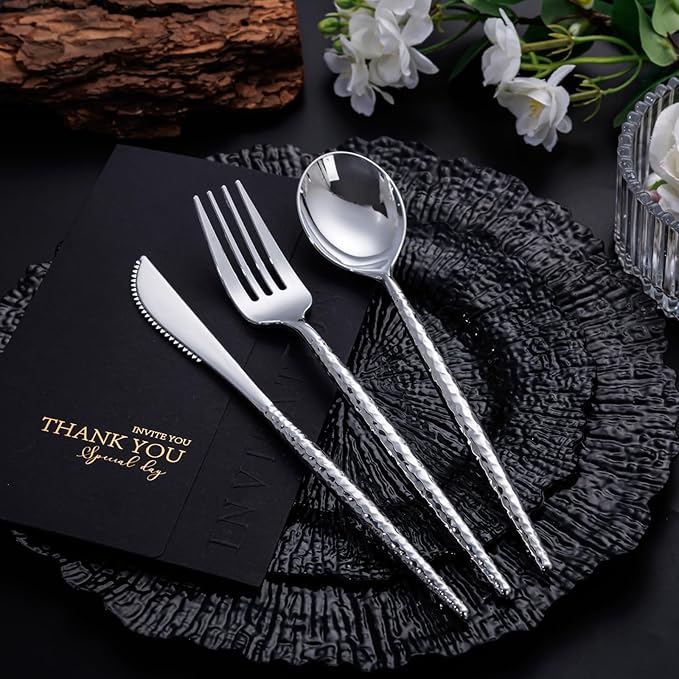 SUT 300PCS Silver Plastic Silverware, Utensils Plastic Disposable, Utensils Set Includes 100 Knives, Forks and Spoons, plastic cutlery, Disposable Silverware for Party, Hammered Silverware Set