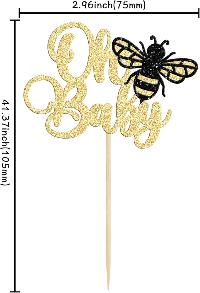 Ephlyn 24Pcs Bumble Bee Cake Toppers, Gold Glitter Cupcake Picks for Birthday, Baby Shower, Kids Party Decorations