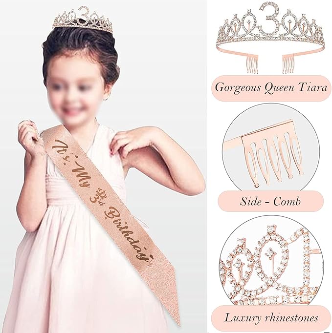 3rd Birthday Decorations for Girls, Including 3 year old Birthday Cake Topper, Queen Sash with Pearl Pin, Sweet Rhinestone Tiara Crown, Number Candles and Balloons Set, Rose Gold