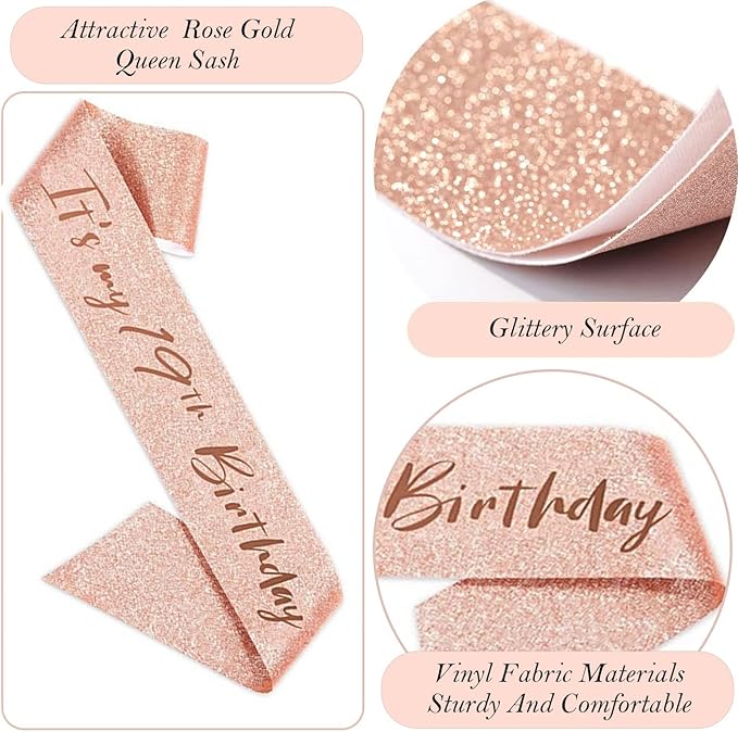 19th Birthday Decorations for Girl, 19th Birthday Sash and Crown, Cake Topper, Number Candles and Balloons, 19 Year Old Gifts for Girls