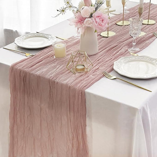 FEXIA Dusty Pink Cheesecloth Mothers Day Spring Table Runner 35x120 Inches Boho Gauze Table Runner for Wedding Party Baby Shower Engagement Decor