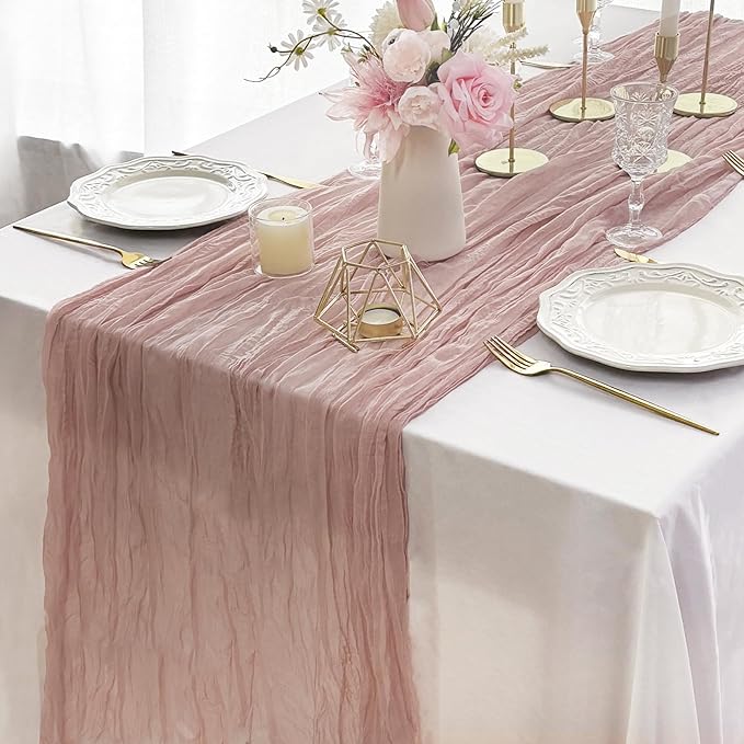 FEXIA 6 Pack Table Runner Dusty Pink Cheesecloth 35x120 Inches Boho Gauze Spring Easter Table Runner for Wedding Decor Reception Bridal Shower Centerpiece Engagement
