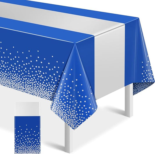 1Pcs Blue Silver Tablecloth Party Decorations,Plastic Royal Blue Table Cloth Printed Silver Table Runner Disposable Rectangle Tables Cover for Anniversary Wedding Graduation 2024 Party,54 x108 Inch