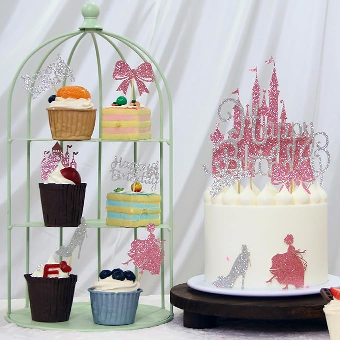 26Pcs Castle Princess Cake Topper Silver Pink Glitter Princess Cupcake Toppers High Heel Bow Crown Princess Cake Decorations for Princess Birthday Party Supplies Baby Bridal Shower