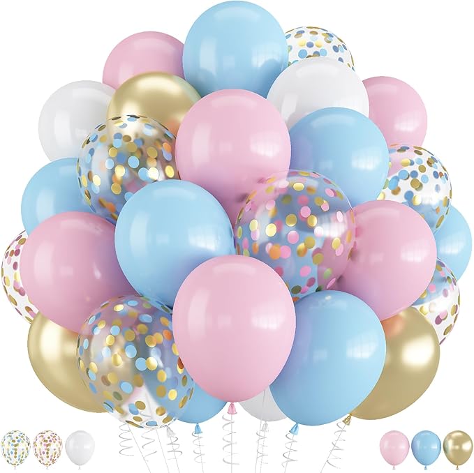 Balloons Pink and Blue, 60 Pack 12 Inch Pastel Light Pink Blue with Metallic Gold Confetti Balloons for Birthday, Gender Reveal, Baby Shower, Boy or Girl Party Decoration