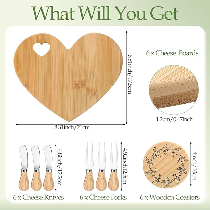 Honeydak 49 Pcs Baby Shower Prizes for Game Players 6 Sets Bamboo Cheese Board Fork Knives Coasters Towel Artificial Potted Plant Thanks Card Gift Bag for Baby Bridal Shower Wedding Favors (Heart)