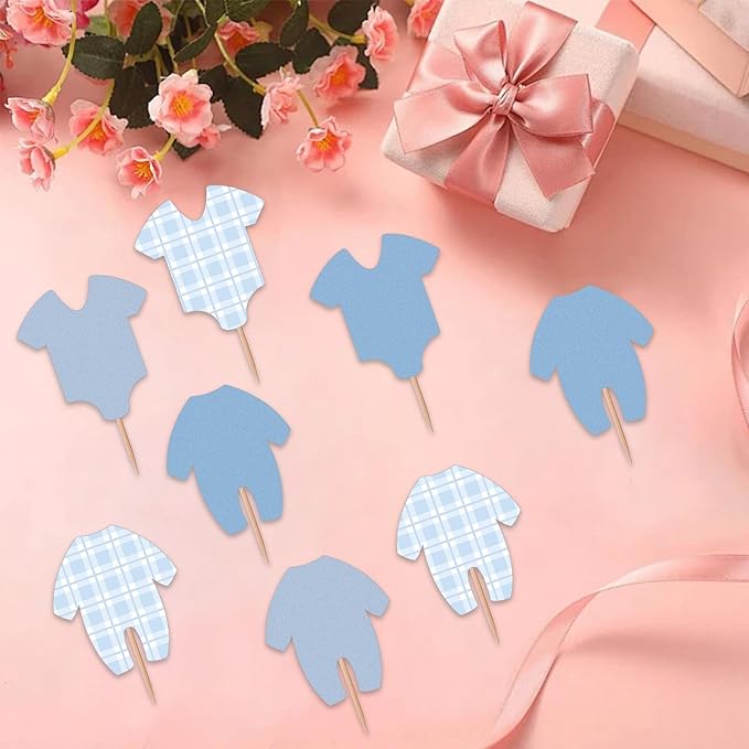 48Pcs Baby Shower Decorations Boy Cupcake Toppers Decorating, Blue Baby Shower Boy Cake Toppers Party Decorations Supplies, Blue Bodysuit Happy Birthday Decor Supplies Cake Decor