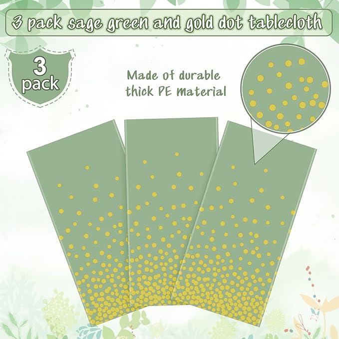 FunnyPars 3 Pack Sage Green and Gold Plastic Tablecloth, Green Disposable Table Cloth for Rectangle Tables, Gold Dot Light Green Tablecloth for Baby Shower Birthday Wedding Party Decorations, 54"x108"