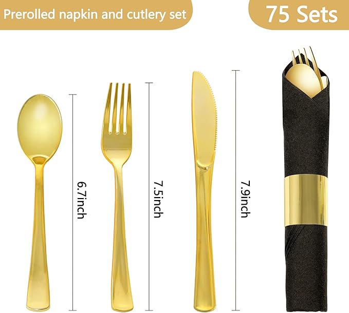 75 Pack Pre Rolled Gold Plastic Silverware Set,Wrapped Plastic Cutlery Set with Napkin Include 75 Forks,75 Spoons,75 Knives and 75 Black Napkins for Party, Wedding,Birthday,Christmas
