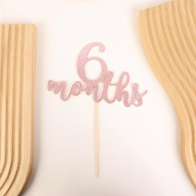 6 Months Cake Topper - Golden Glitter 1/2 Birthday Cake Decorations, Perfect for Baby Shower/Gender Reveal Party/Baby Party Photo Booth Props (Pink)