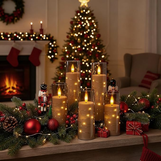 Raycare Flameless Candle with Remote Timer – 5 Flickering Acrylic Battery Operated LED Pillar Candles with Embedded Star String for Christmas, Home Decor, and as a Gift(Grey)