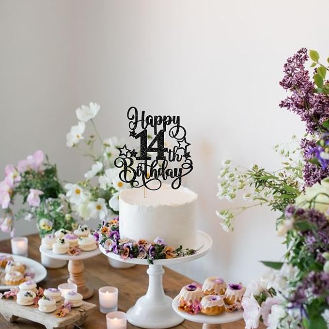 1 PCS Happy 14st Birthday Cake Topper Glitter Cheers to 14 Years Birthday Cake Pick Hello 14 Fabulous Cake Decoration for Happy 14st Birthday Anniversary Party Decorations Supplies Black