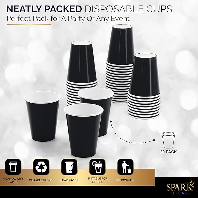 Disposable Paper Cups, 8 oz. Black Paper Coffee Cups, Strong and Sturdy Coffee Disposable Cups for Party, Wedding, Thanksgiving Day, Christmas, Halloween Hot Cups, Pack of 20