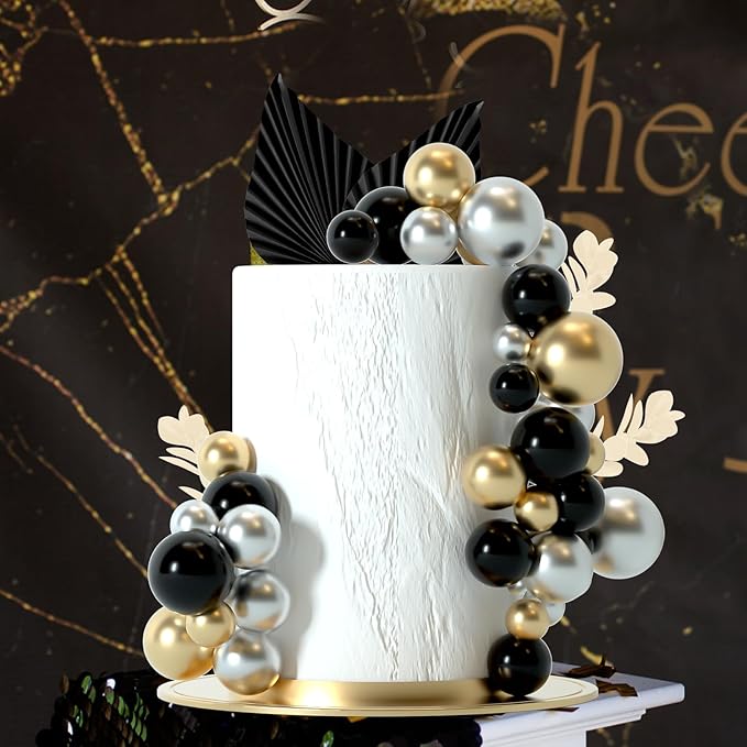 NEBURORA 64 Pcs Balls Cake Toppers and Leaves Decoration Set Mini Balloons for Cake Decorating Supplies Balls Cake decorations for Baby Shower Cake Toppers Birthday Cake Decorations (Black Gold）