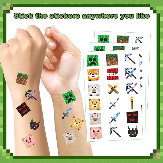 Bigear 3PCS Pixel Tablecovers with 54PCS Temporary Tattoos,Waterproof Oil-Proof Plastic Table Cloth,Video Game Party Birthday Party Decorations,Gamer Birthday Tablecloth Party Supplies