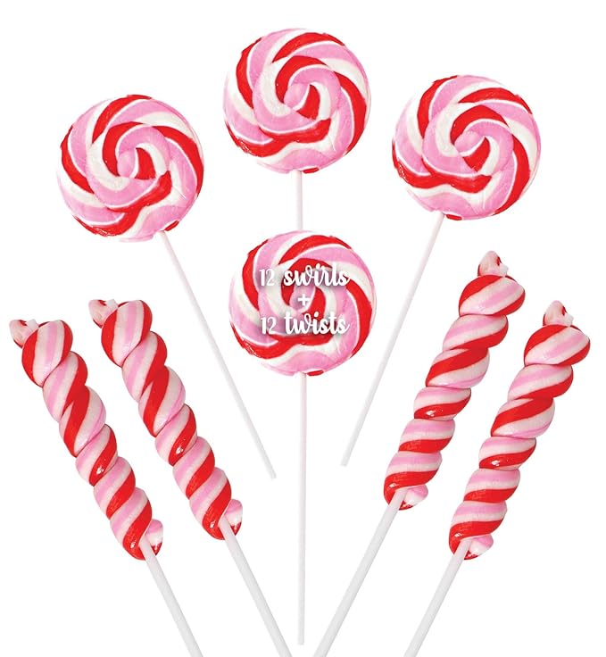 24 Red, Pink and White Lollipops Individually Wrapped - 18g Swirl and 12g Twisty Suckers