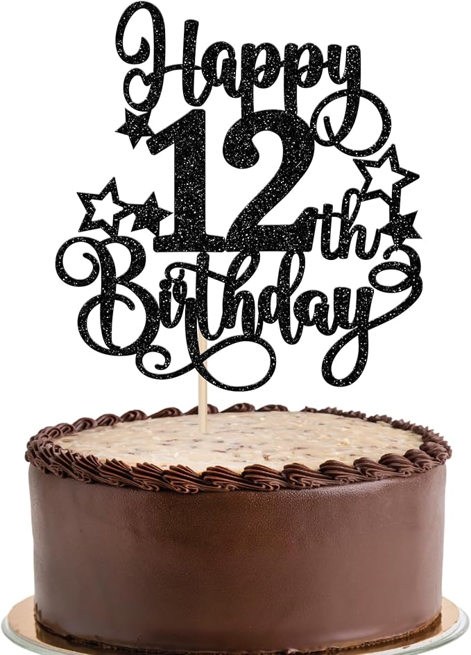 1 PCS Happy 12th Birthday Cake Topper Glitter Cheers to 12 Years Birthday Cake Pick Hello 12 Fabulous Cake Decoration for Happy 12th Birthday Anniversary Party Decorations Supplies Black