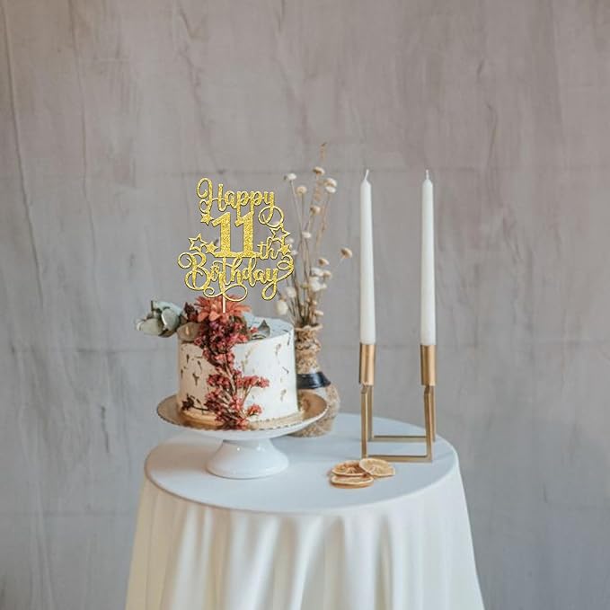 1 PCS Happy 11th Birthday Cake Topper Glitter Cheers to 11 Years Birthday Cake Pick Hello 11 Fabulous Cake Decoration for Happy 11th Birthday Anniversary Party Decorations Supplies Gold