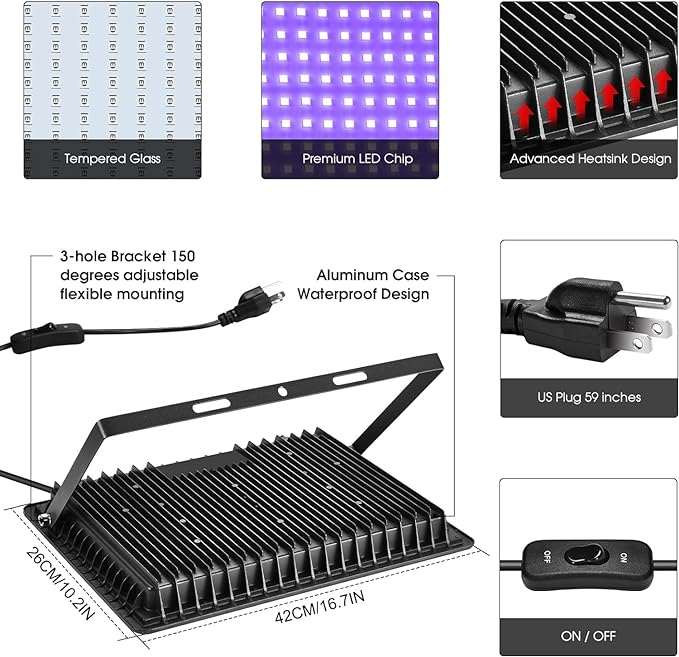 600W 4 Pack LED Black Light,395nm to 405nm LED UV Blacklight, IP66 Waterproof Black Flood Light Outdoor with Plug and SwitchNeon Glow for Glow Party, Halloween, Fluorescent Poster, Body Paint